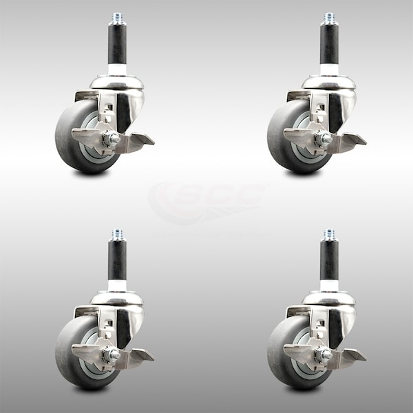 Service Caster 3 Inch 316SS Thermoplastic Rubber Swivel 3/4 Inch Stem Caster Set Brake SCC SCC-SS316EX20S314-TPRB-TLB-34-4 - main